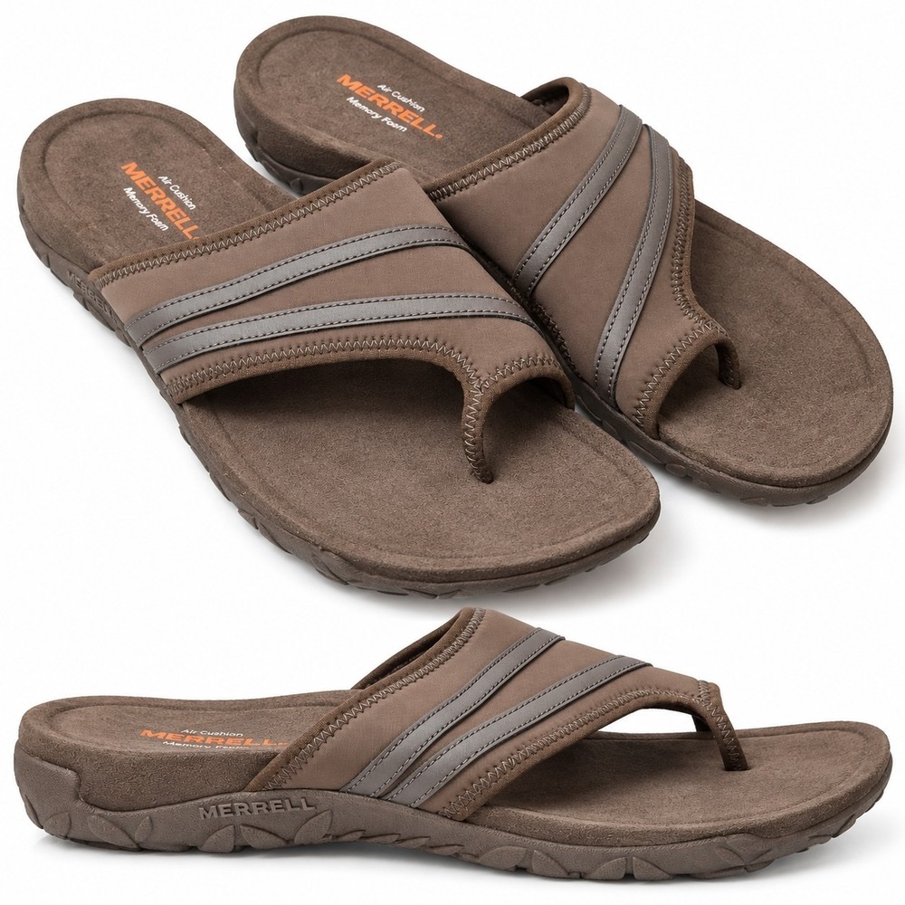 MERRELL Terran Post II Bracken Sandal Womens Sz 11 Brown Nylon Suede Air Cushion
